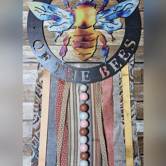 Keeper of the Bees Metal Boho Wall Hanging W Wooden Beads - Picture 3 of 6